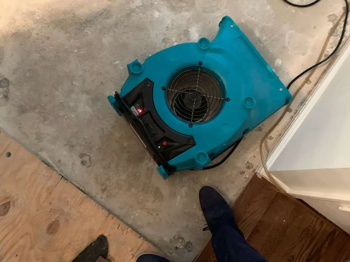 Air mover drying subfloor during Commercial Water Damage Restoration in Winfield